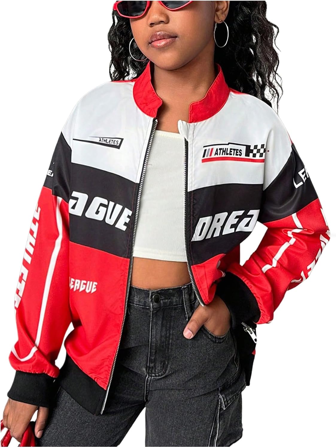 SOLY HUX Girl's Zip Up Bomber Jacket Y2k Racing Outerwear Streetwear