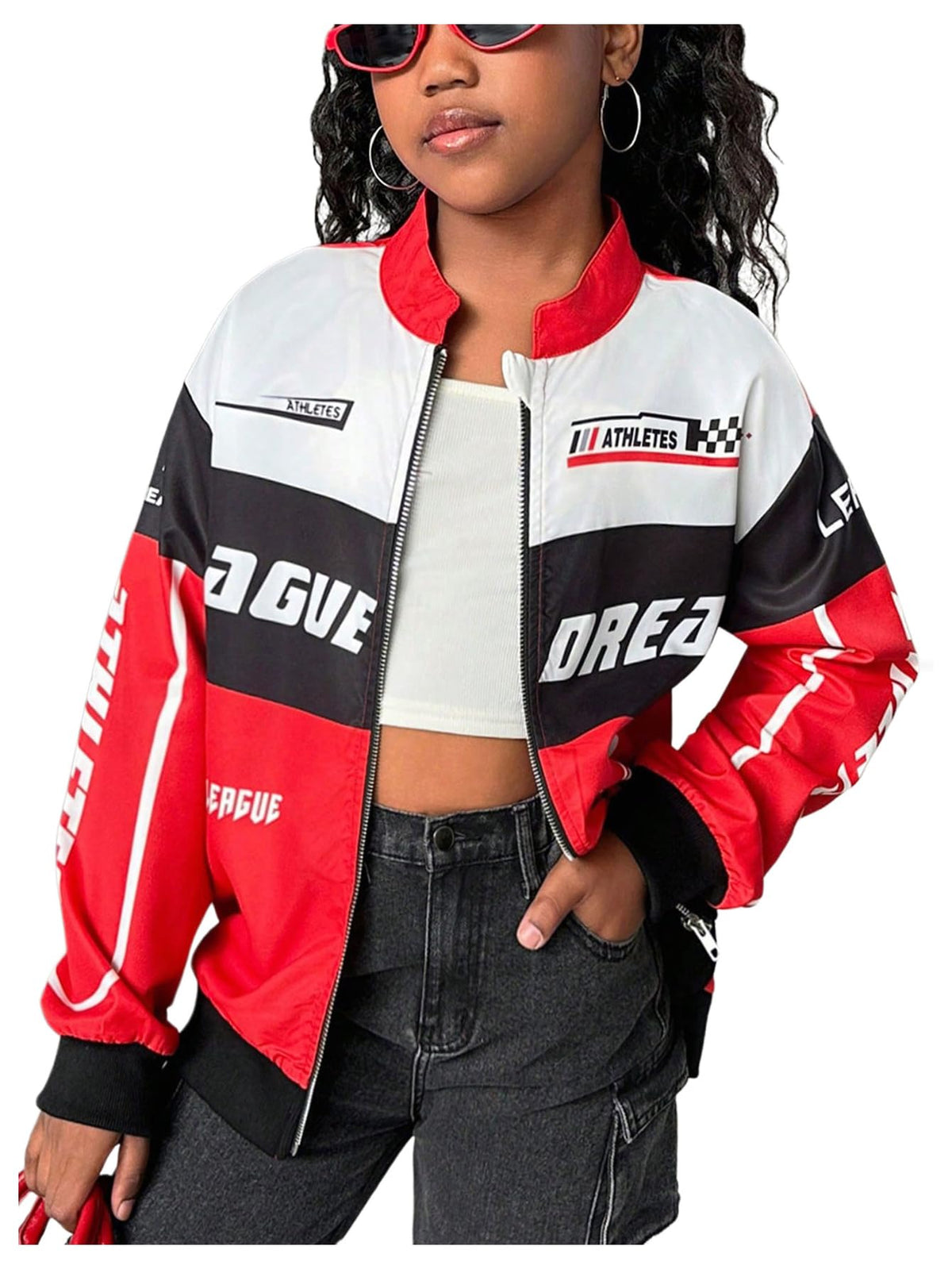 SOLY HUX Girl's Zip Up Bomber Jacket Y2k Racing Outerwear Streetwear