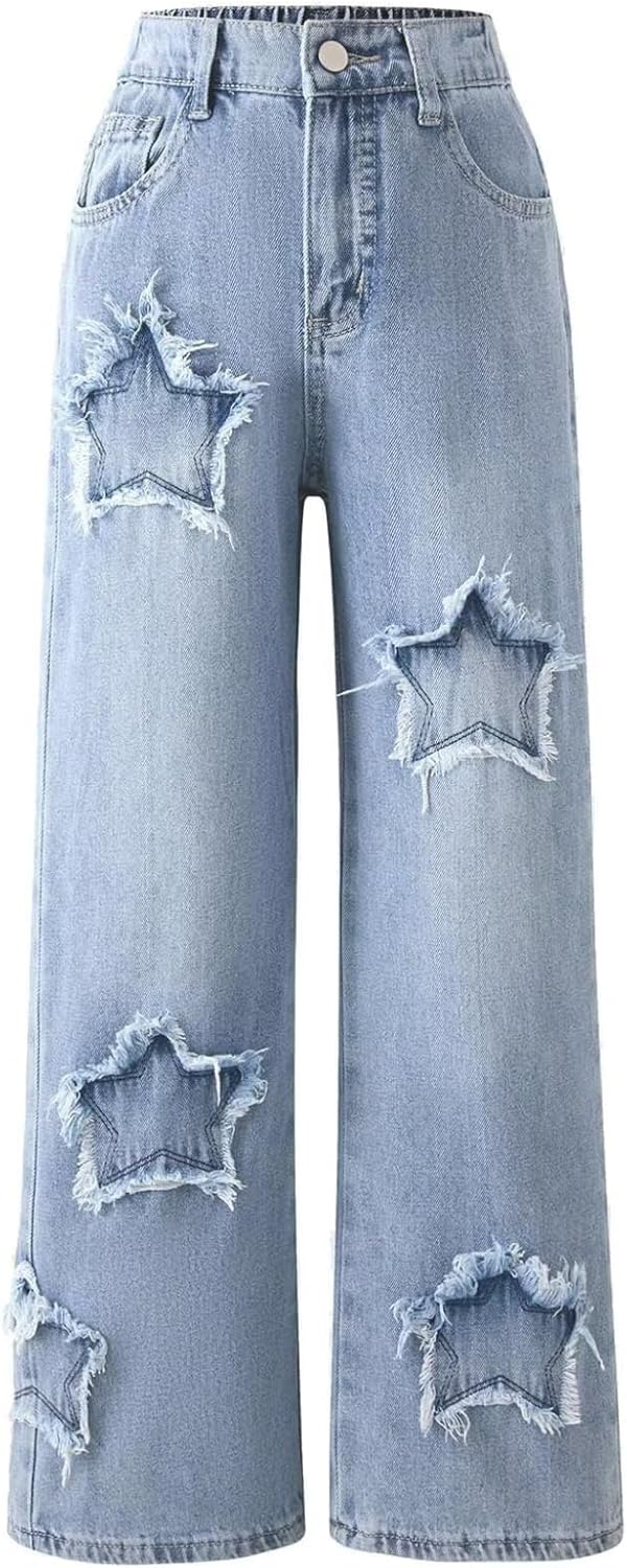 Girls Baggy Ripped Jeans Wide Straight Leg High Waisted Denim Pants 7-14Y