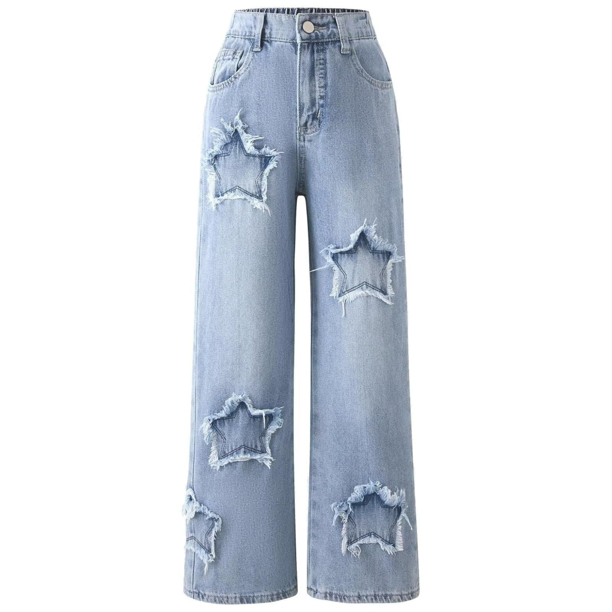 Girls Baggy Ripped Jeans Wide Straight Leg High Waisted Denim Pants 7-14Y