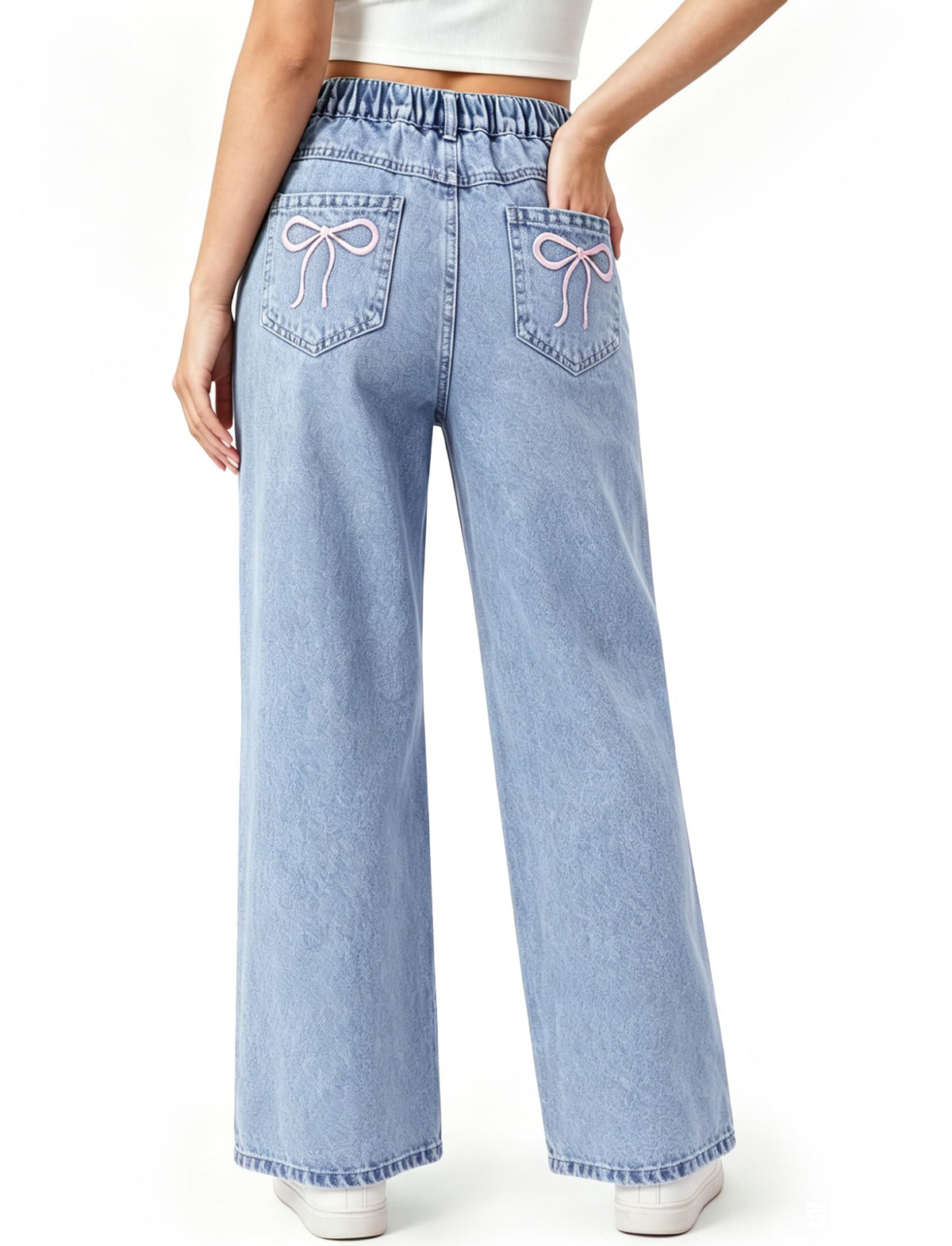 PATPAT Girls Baggy Wide Leg Jeans 5-14Y, Cute Bow Elastic Waist Denim Pants