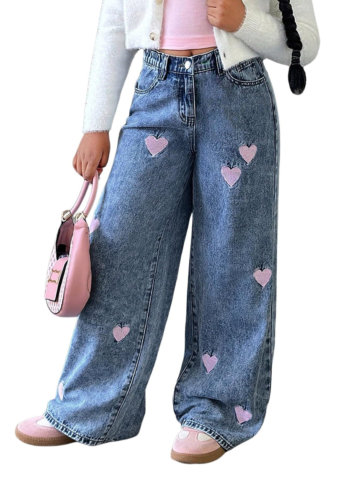 WDIRARA Girl's Heart Embroidered Jeans Elastic Wide Leg Denim Pants