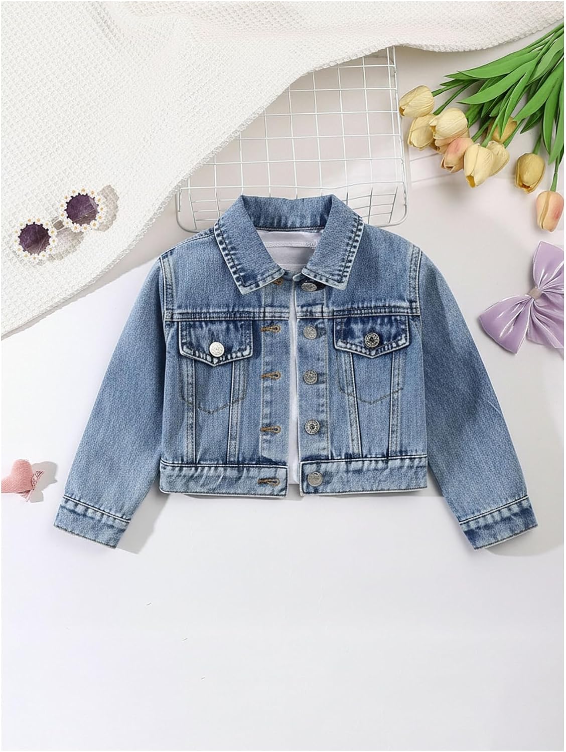 WDIRARA Girl's Bow Denim Jacket Button Down Jean Jacket Cute Outerwear