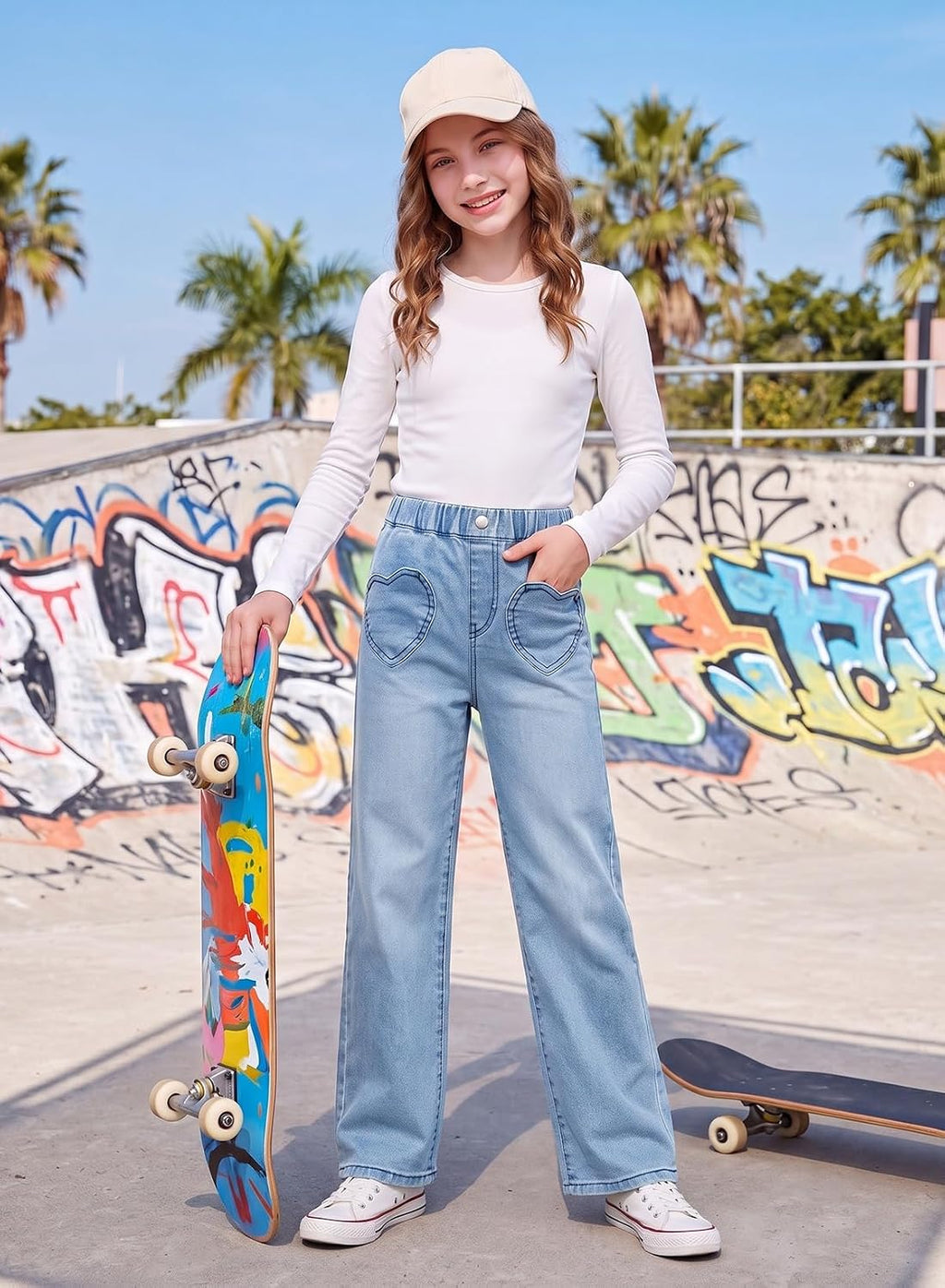 blibean Girls Straight Leg Jeans Cute Heart Pockets Denim Pants Size 6-15