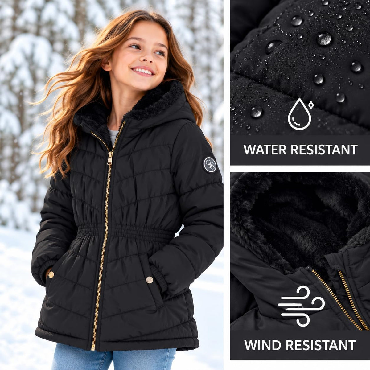 Jessica Simpson Girls Heavyweight Cinched Puffer Faux Fur Zip Hooded Coat