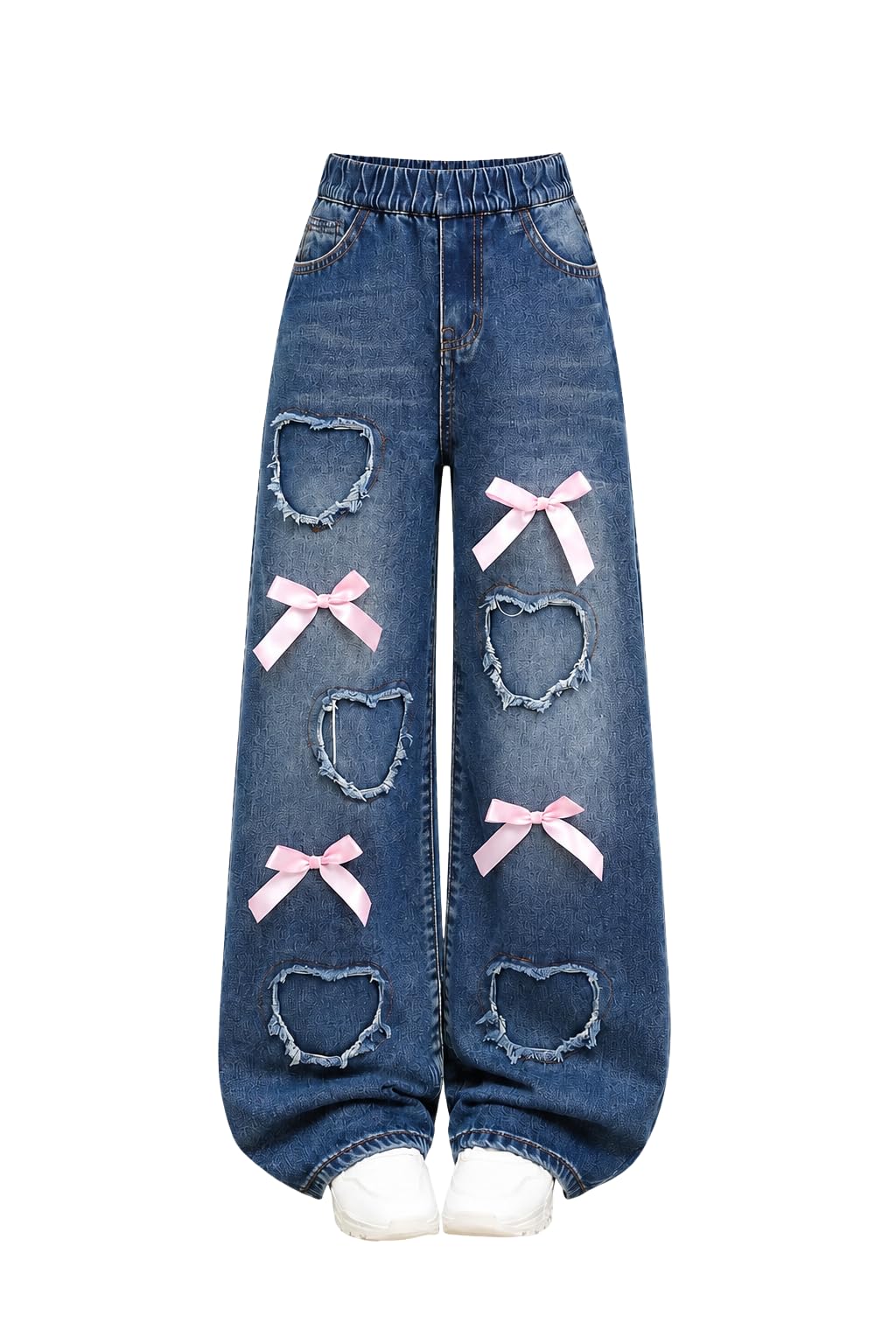Tween Girls' Jeans Casual Elastic Waist Straight-Leg Denim Pants with Bowknot for Girls Y2K Boyfriend Skater Streetwear 7-14Y