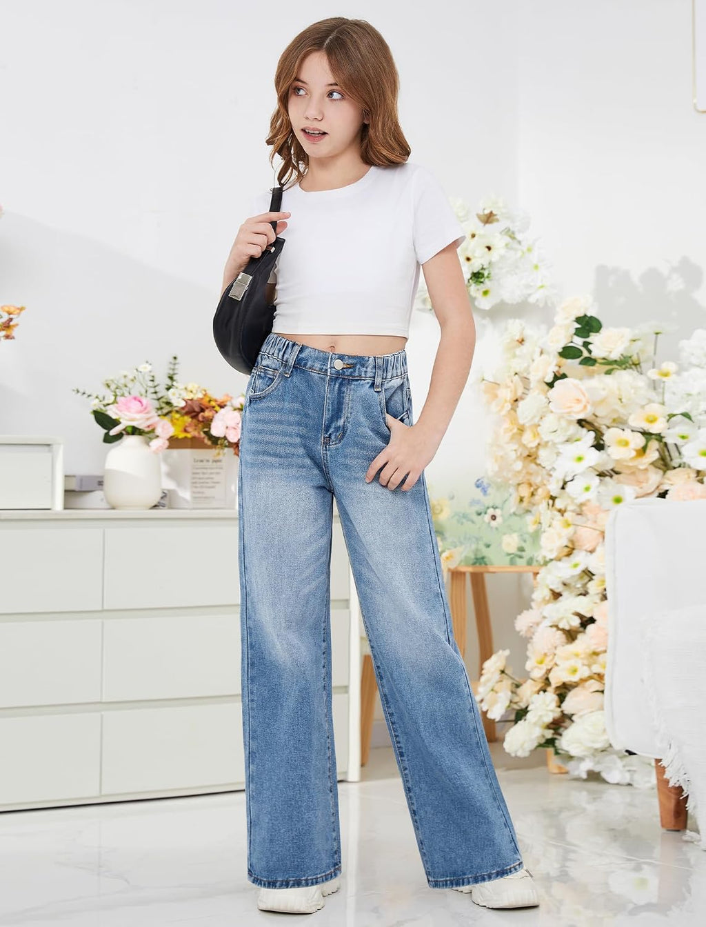 Girls Baggy Jeans Wide Leg Washed Denim Pants with Pockets 7-14Y