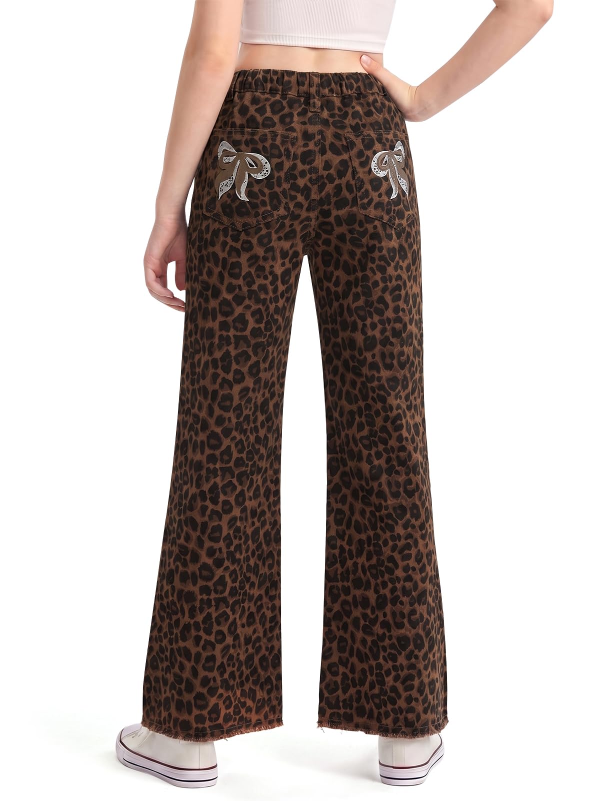 Haloumoning Girls Flare Jeans Kids Bow Print Back Elastic High Waist Wide Leg Denim Pants with Pockets 5-14 Years