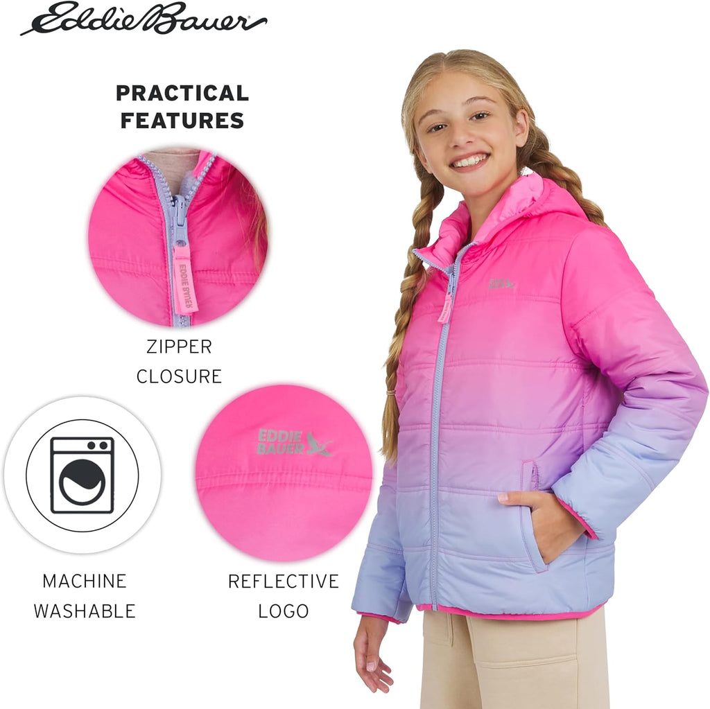 Eddie Bauer Girls' Deer Harbor Reversible Faux Fur Lined Insulated Puffer Jacket