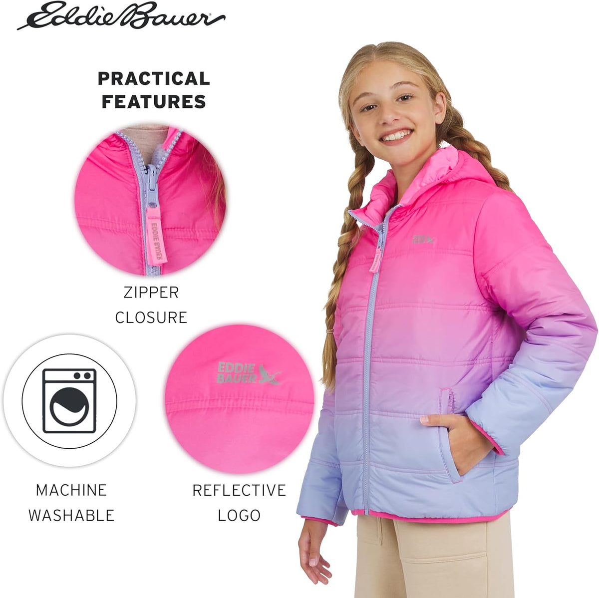 Eddie Bauer Girls' Deer Harbor Reversible Faux Fur Lined Insulated Puffer Jacket