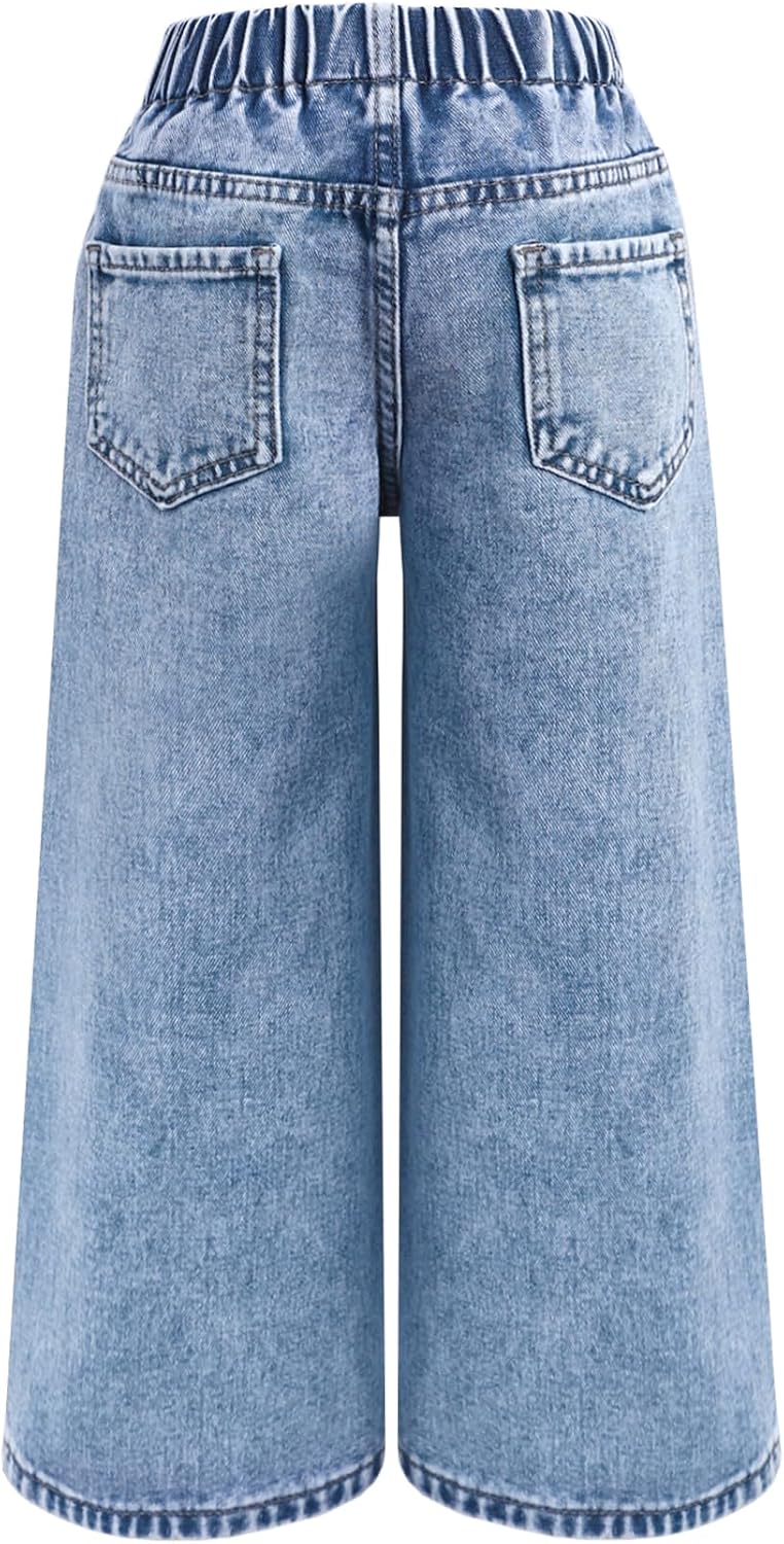 Girls Bow Embroidered Wide Leg Denim Jeans