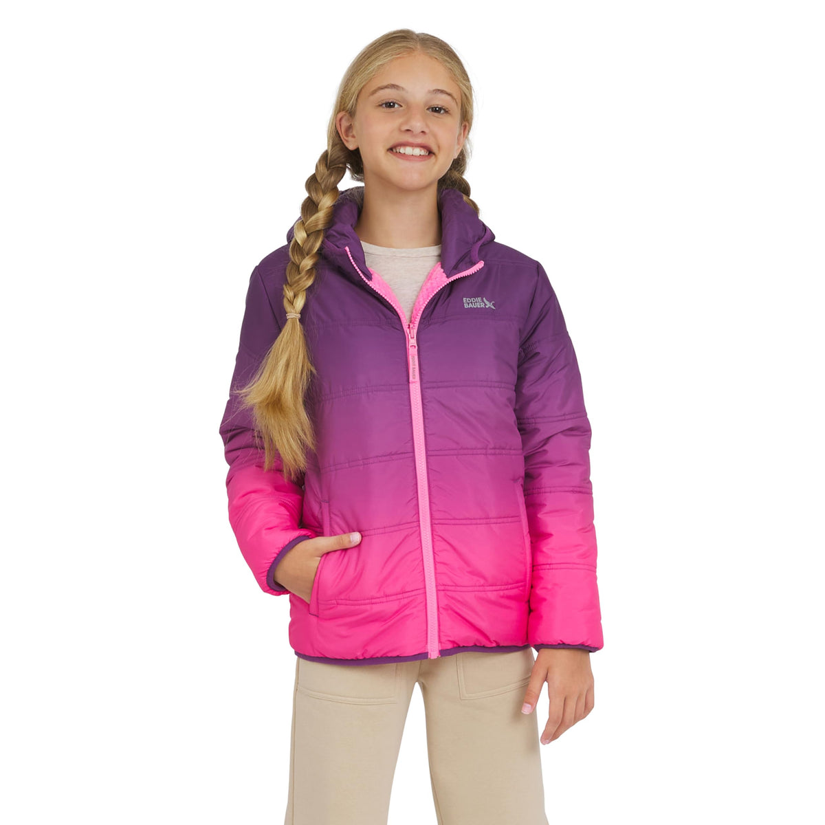 Eddie Bauer Girls' Deer Harbor Reversible Faux Fur Lined Insulated Puffer Jacket
