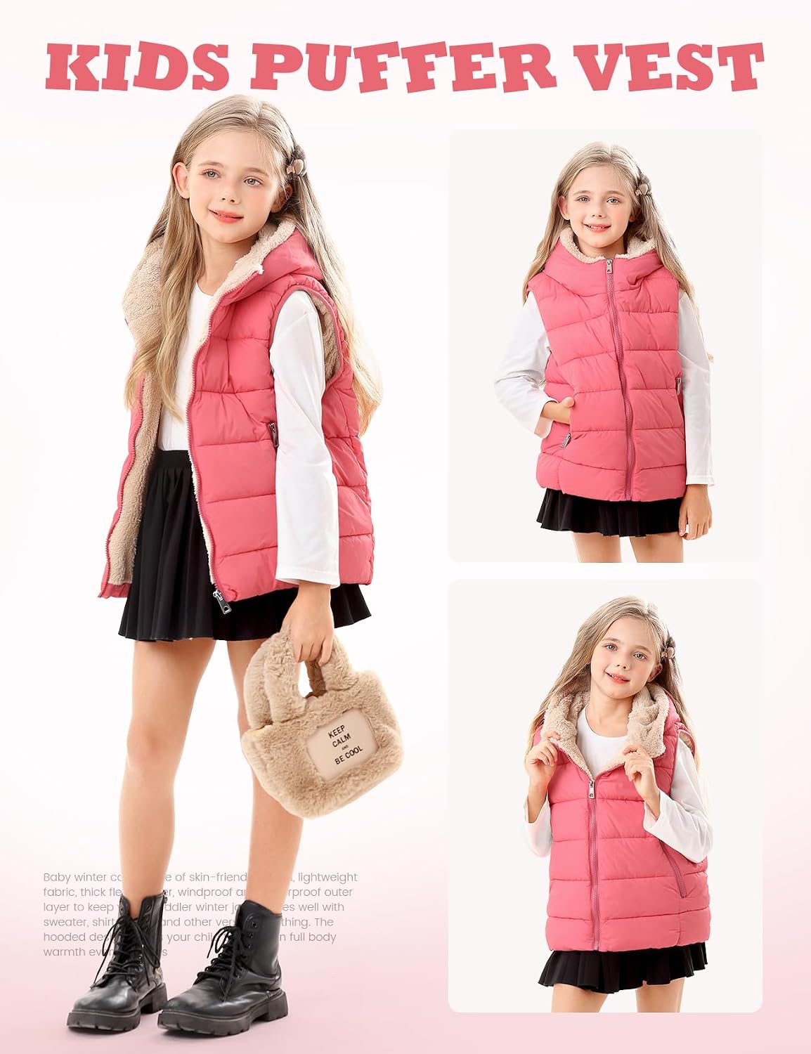Yimoon Boys Girls Warm Puffer Vest Zip Up Fleece Lined Hooded Vest