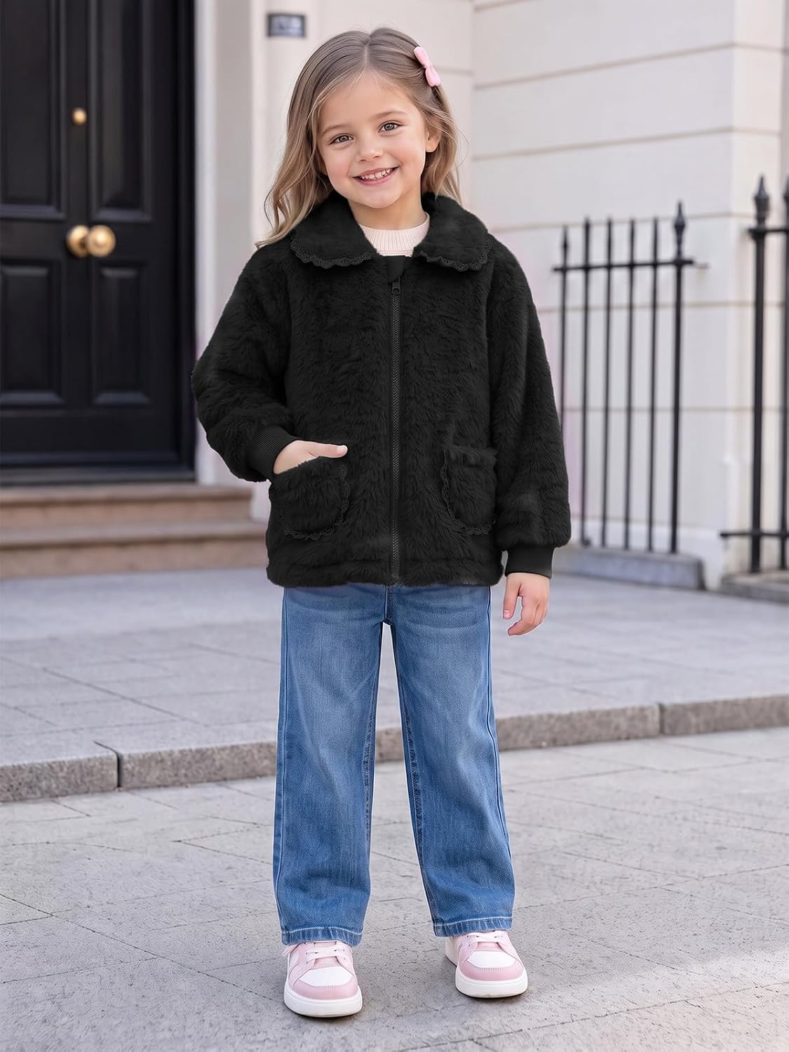 Haloumoning Toddler Baby Girl Fleece Jacket Peter Pan Collar Zip Up Coat