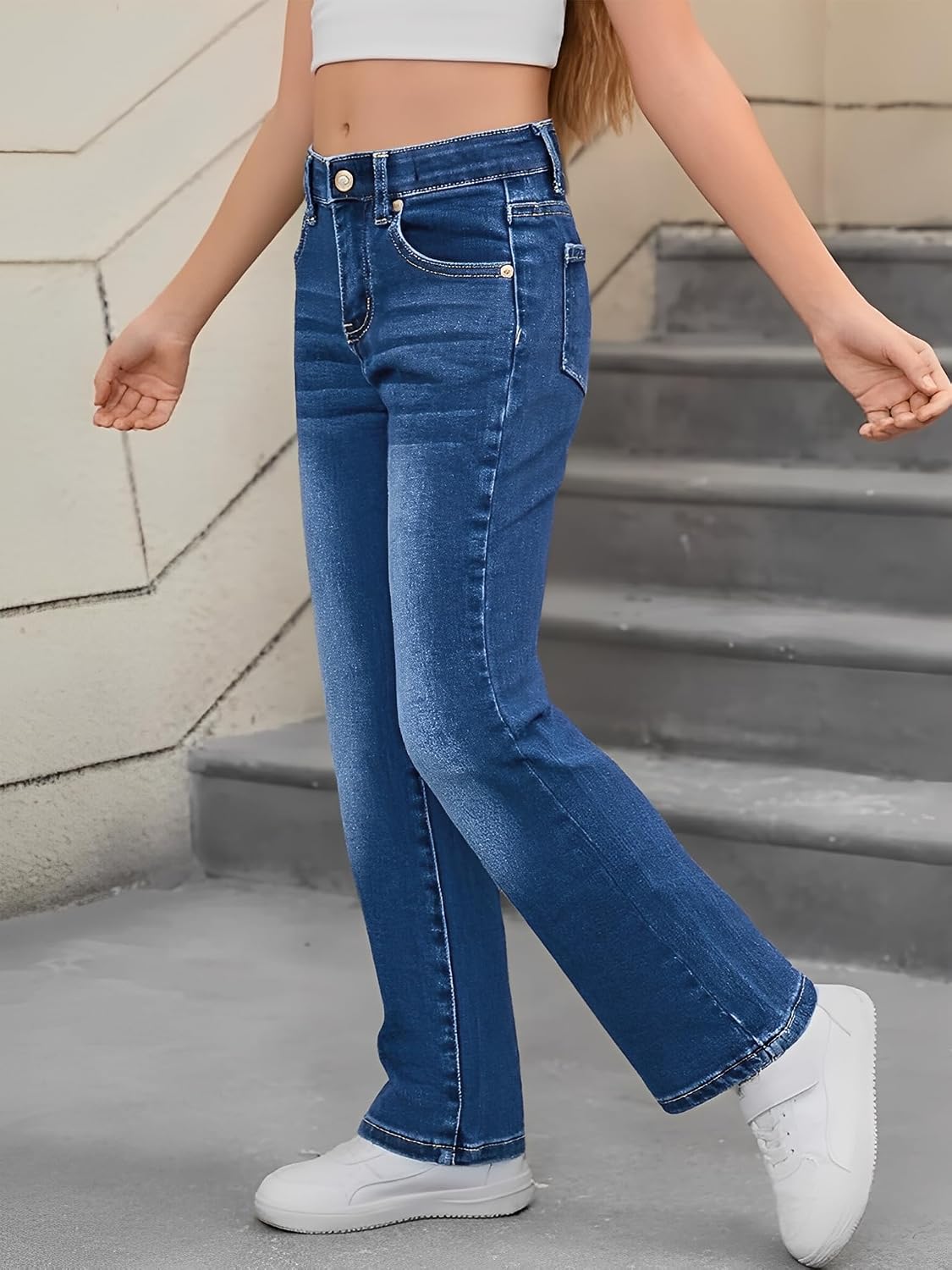 PATPAT Girls Bootcut Jeans 4-14Y, Elastic Waist Jeans with Pockets Straight Leg Pants