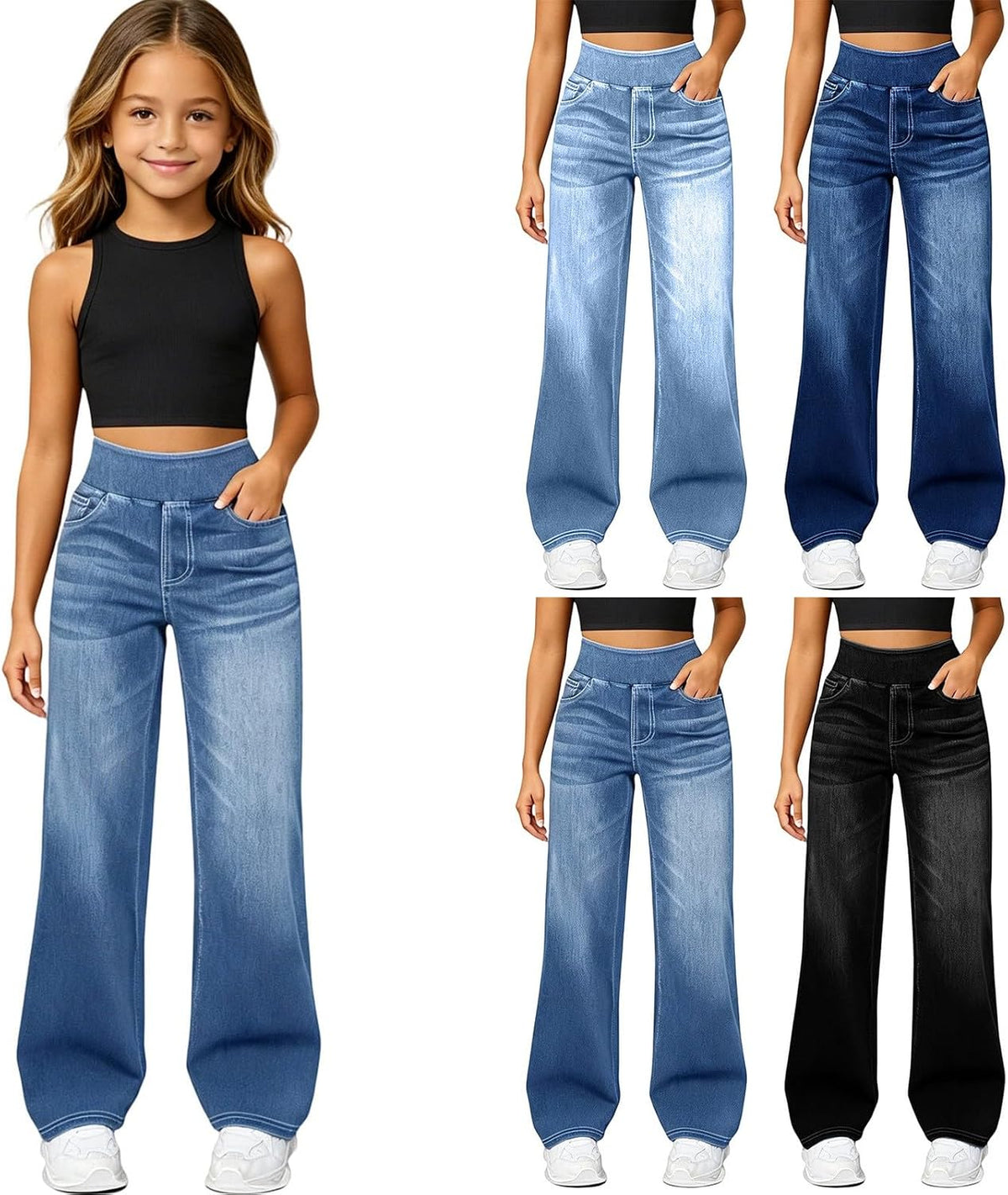Wide Leg Jeans Teen Girls Elastic Waist Pull on Stretchy Straight Leg Denim Pants High Waisted Tummy Control Sweatpants Jean