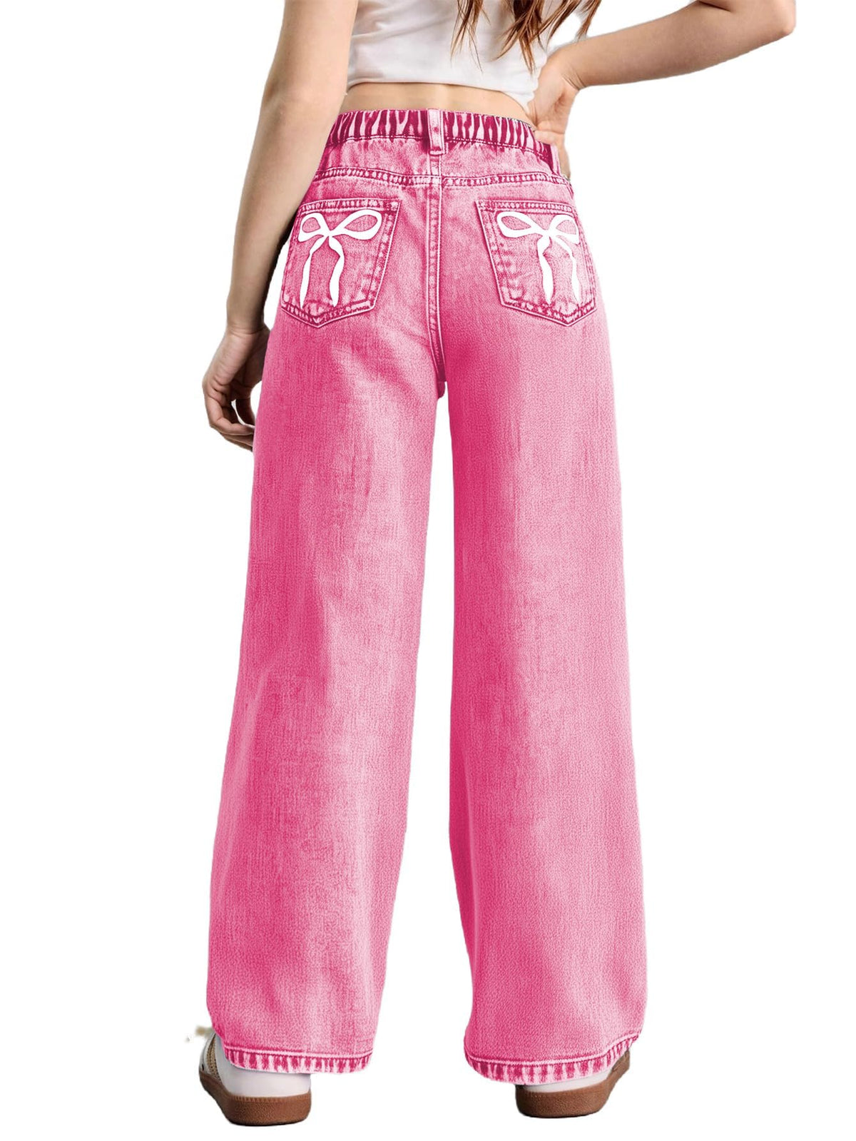 WDIRARA Girl's Bow Print Jeans Elastic High Waist Wide Leg Cute Denim Pants