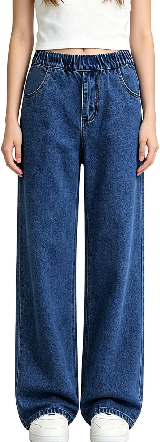 Girls Jeans Trendy Elastic Waist Straight Leg Denim Pants Kids Teen Clothes