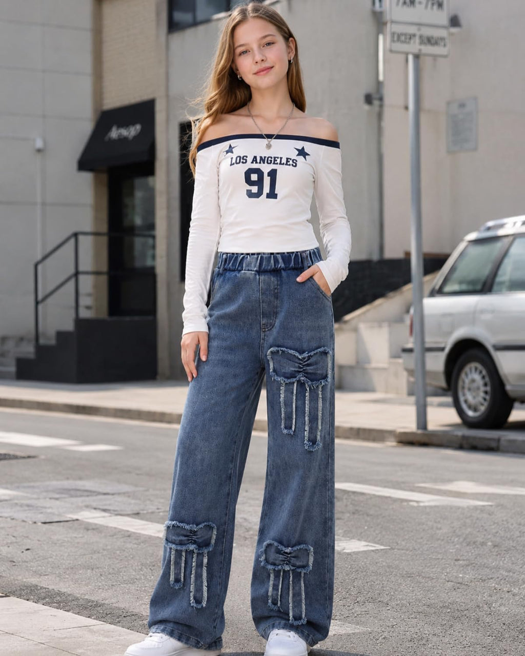 Tween Girls' Jeans Casual Elastic Waist Straight-Leg Denim Pants with Bowknot for Girls Y2K Boyfriend Skater Streetwear 7-14Y
