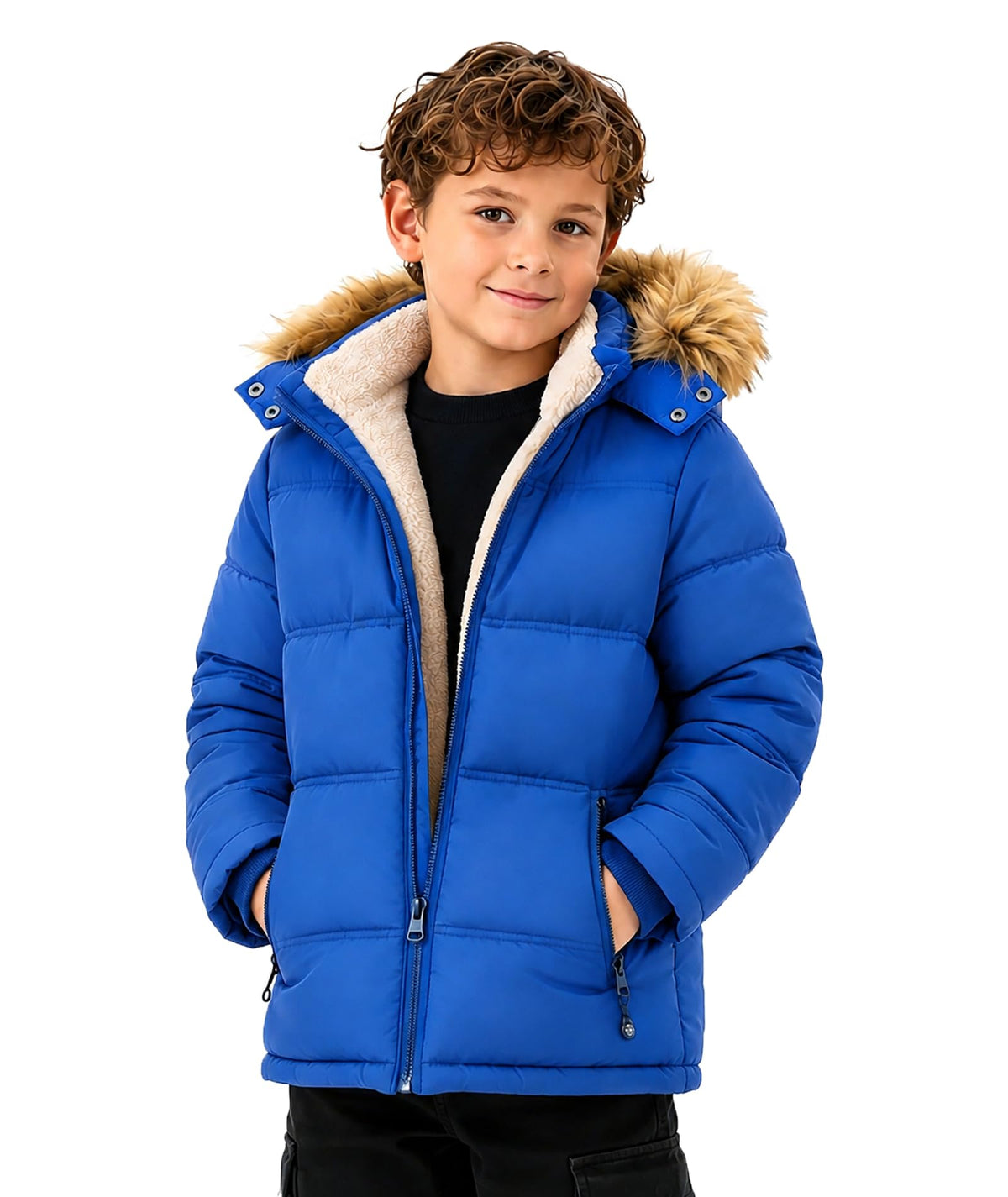 Boy's Girl's Winter Coat Puffer Sherpa Warm Jacket with Detachable Fur Hood