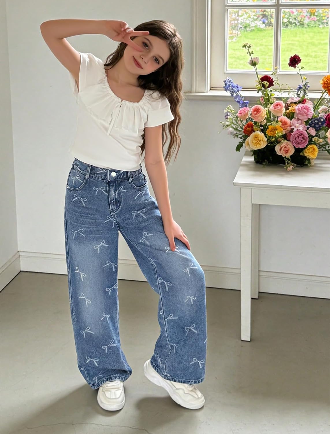 Baggy Jeans for Girls with Bow Wide Leg High Waist Denim Pants