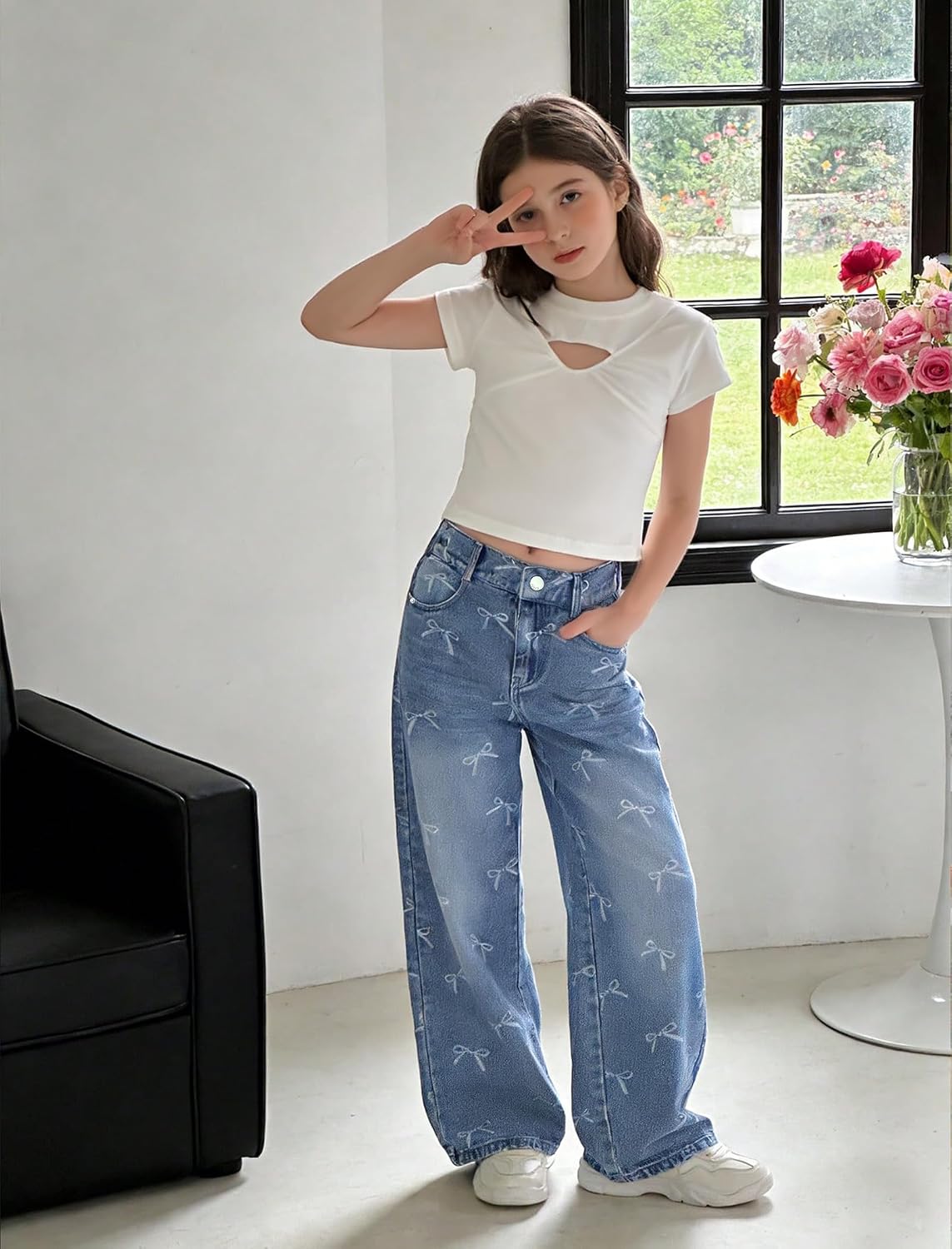 Baggy Jeans for Girls with Bow Wide Leg High Waist Denim Pants