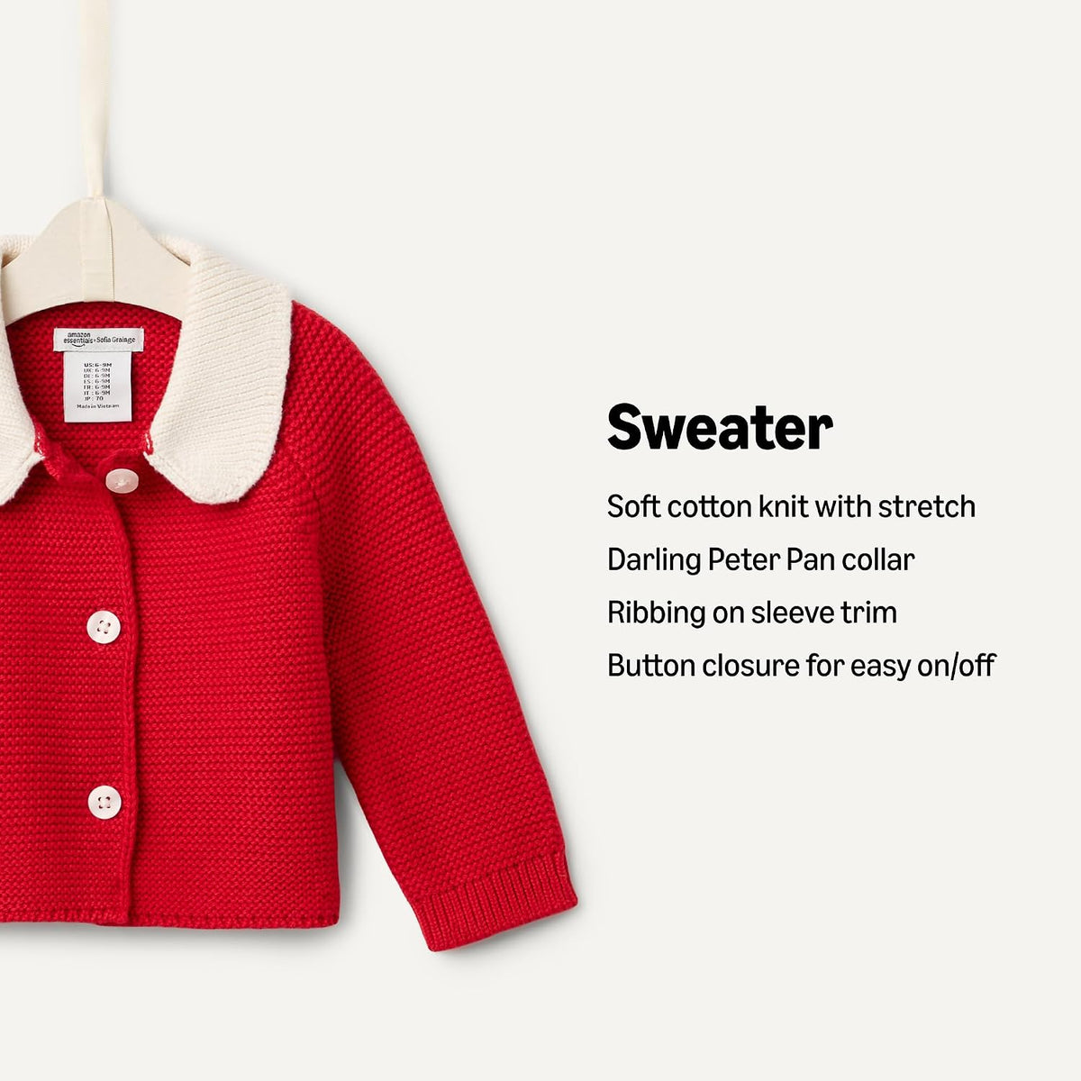 Amazon Essentials x Sofia Grainge Unisex Toddlers and Babies' Peter Pan Collar Sweater Jacket, Soft Cotton Knit with Stretch
