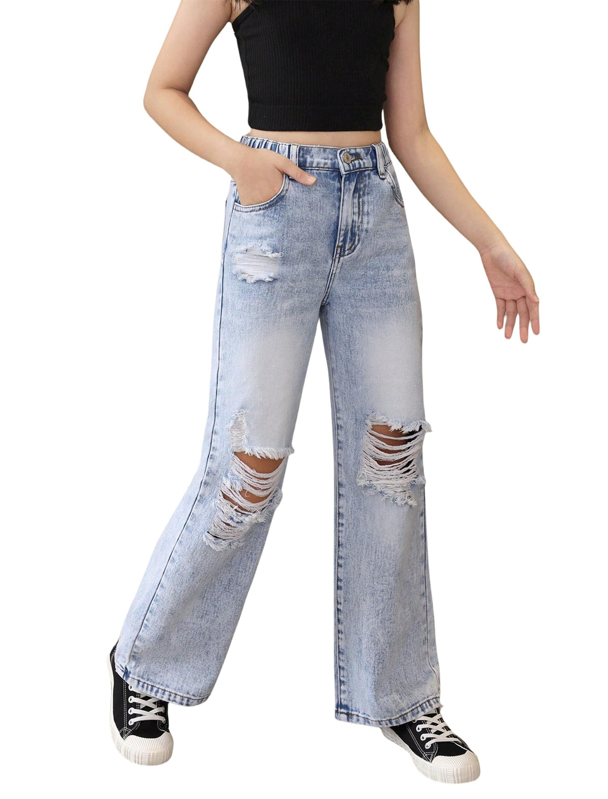 oyyniis Baggy Jeans for Girls Wide Leg Ripped High Elastic Waisted Denim Pants Cute Summer Trousers Y2K Streetwear 7-14Y