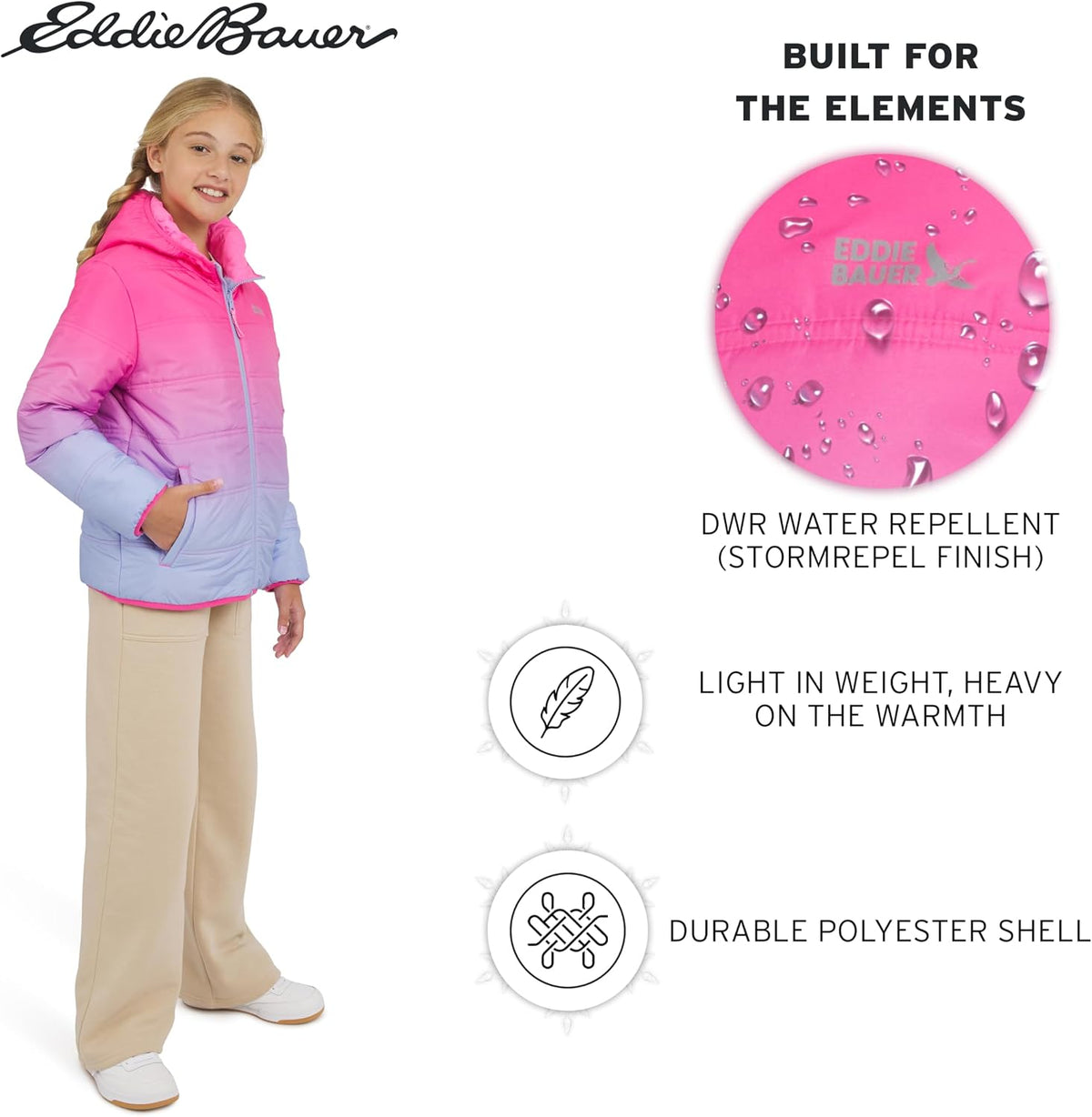 Eddie Bauer Girls' Deer Harbor Reversible Faux Fur Lined Insulated Puffer Jacket