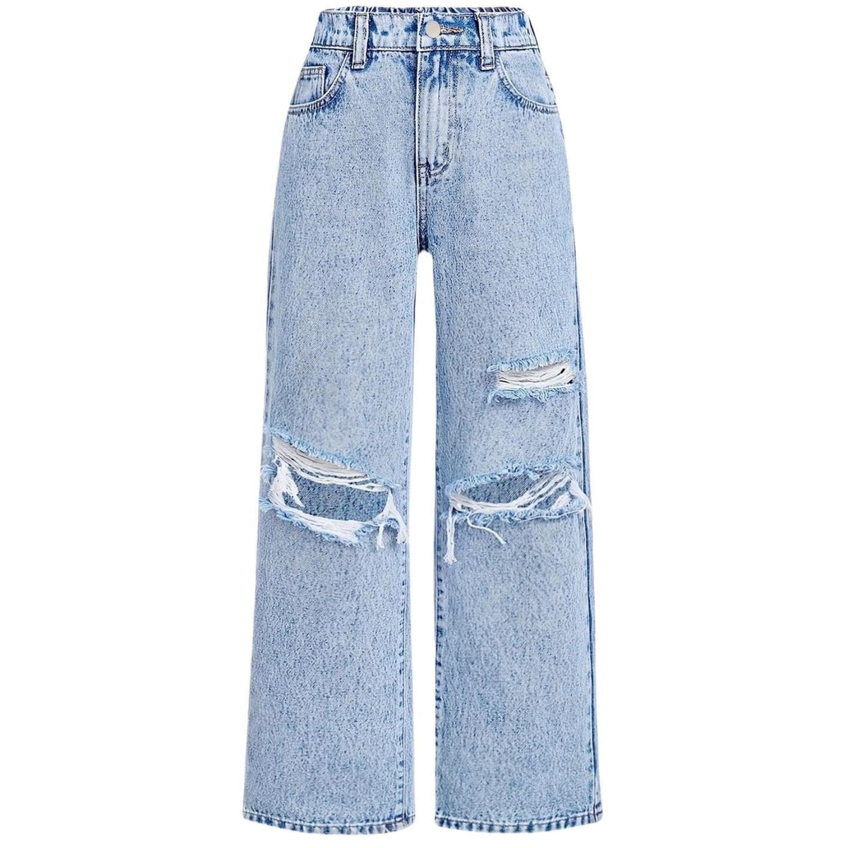 Girls Baggy Ripped Jeans Wide Straight Leg High Waisted Denim Pants 7-14Y