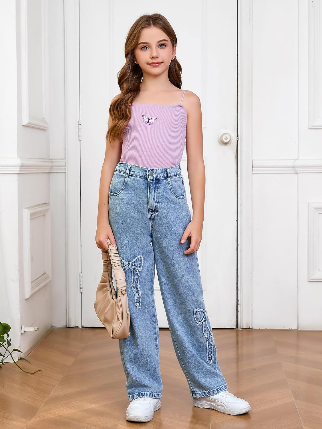WDIRARA Girl's Bowknot Jean Elastic Waist Denim Pants Straight Leg Trousers