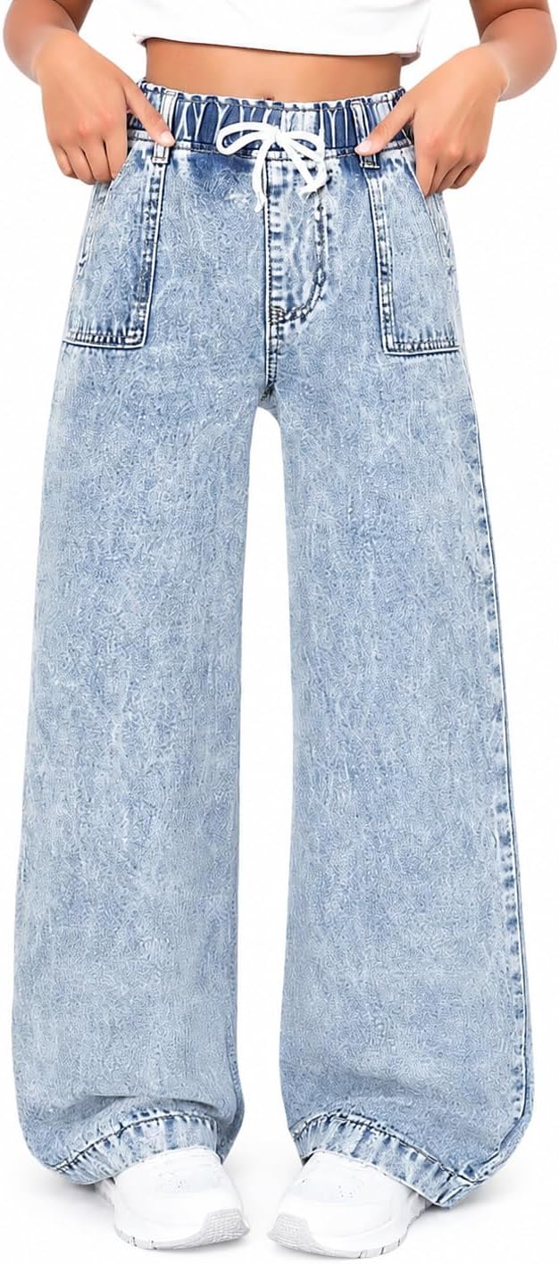 Girls Wide Leg Jeans Elastic Waisted Baggy Denim Pants