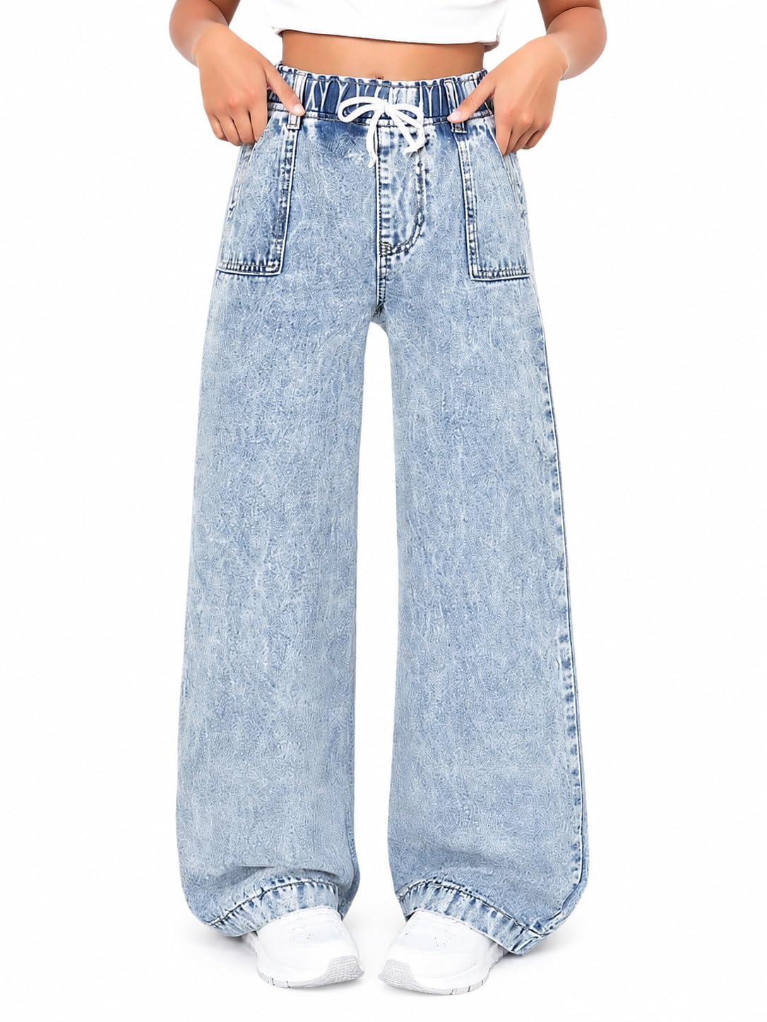 Girls Wide Leg Jeans Elastic Waisted Baggy Denim Pants