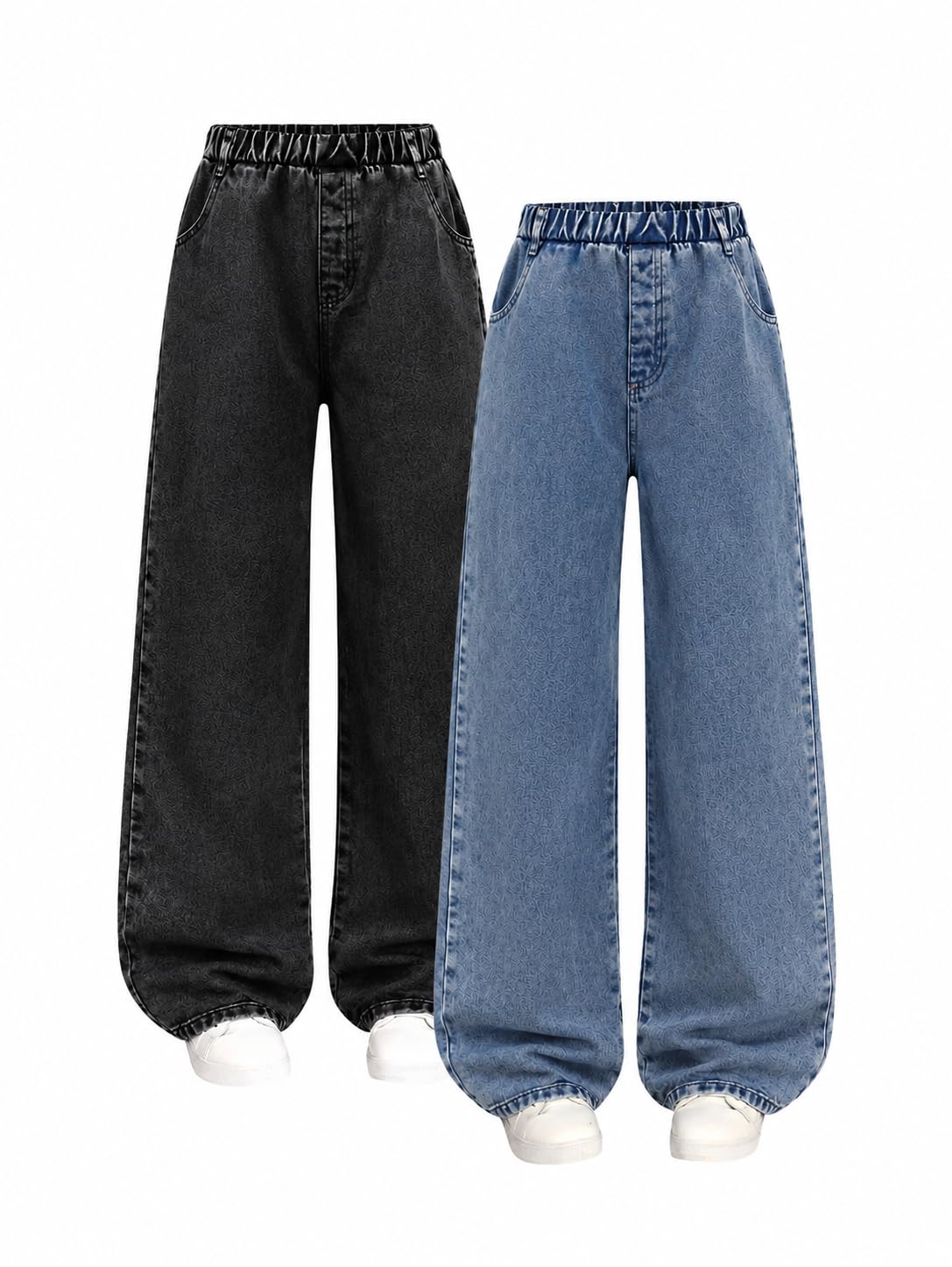 Girls 2 Pack Jeans Wide Leg High Waist Denim Pants with Elastic Waist, Loose Fit Jeans for School Size 7-16