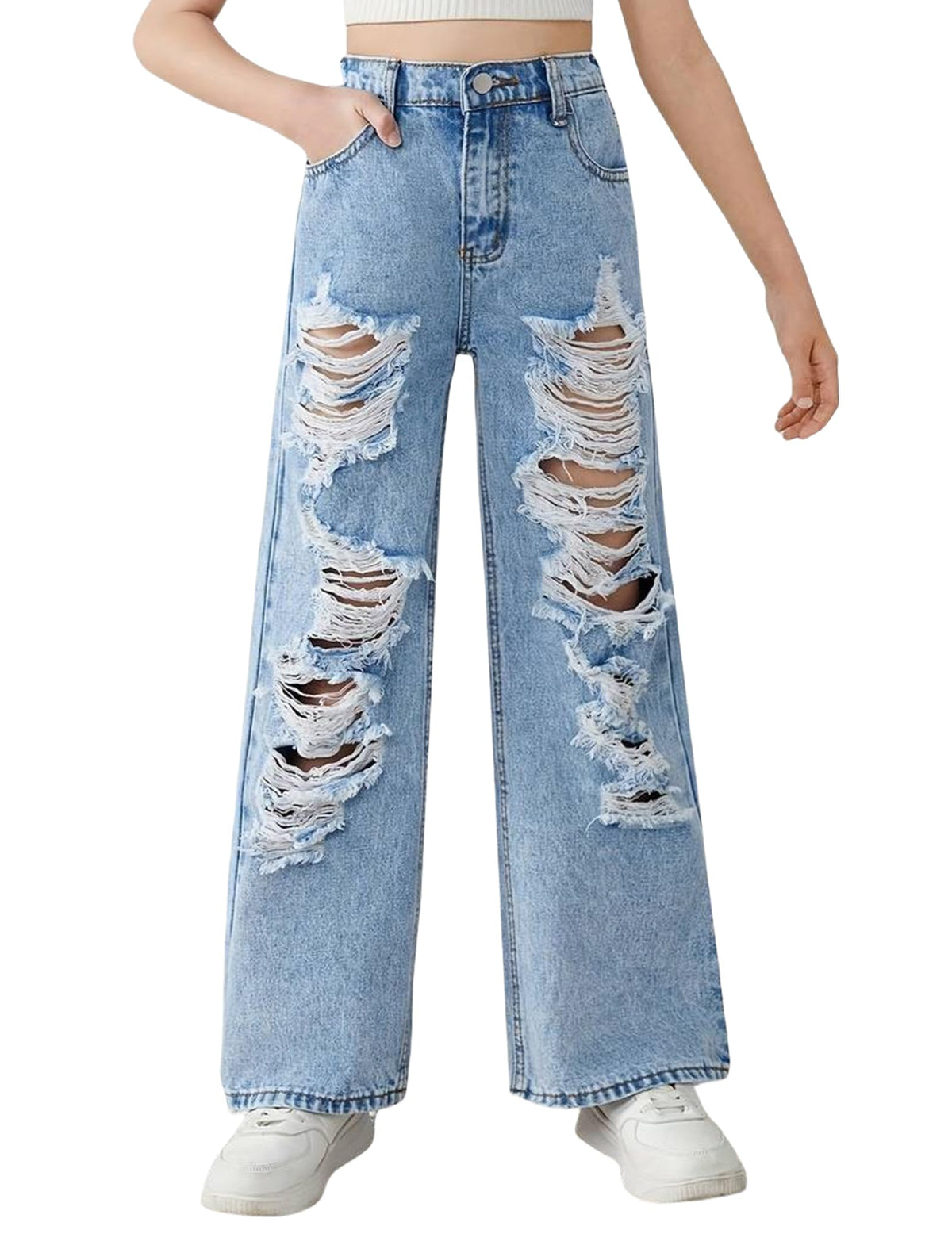 oyyniis Baggy Jeans for Girls Wide Leg Ripped High Elastic Waisted Denim Pants Cute Summer Trousers Y2K Streetwear 7-14Y