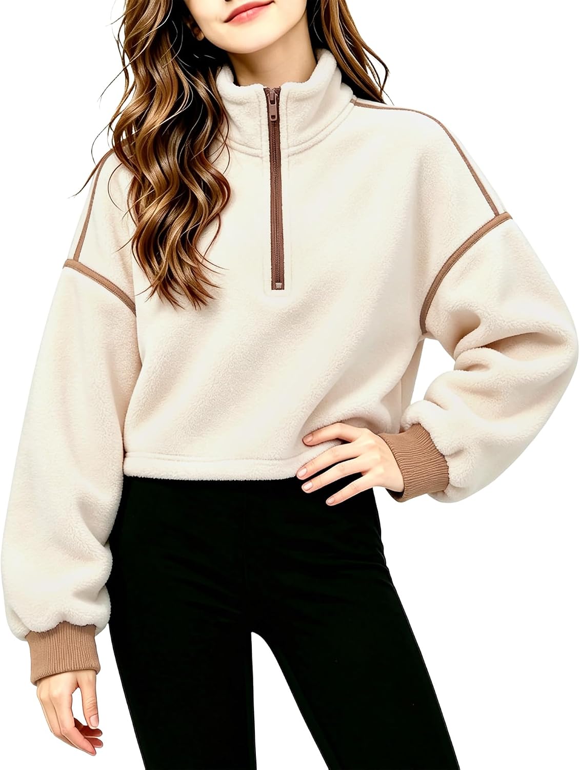 Girls Half Zip Fleece Jacket Soft Warm Stand Collar Cropped Top 7-14