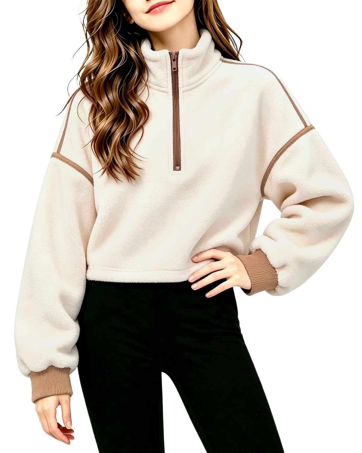 Girls Half Zip Fleece Jacket Soft Warm Stand Collar Cropped Top 7-14