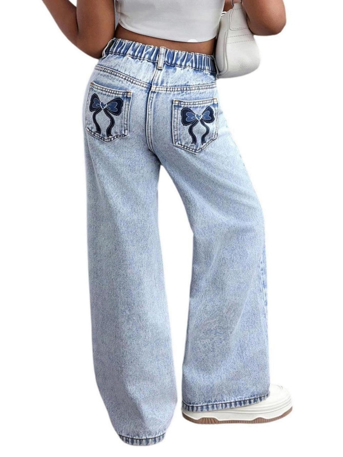 WDIRARA Girl's Bow Print Jeans Elastic High Waist Wide Leg Cute Denim Pants