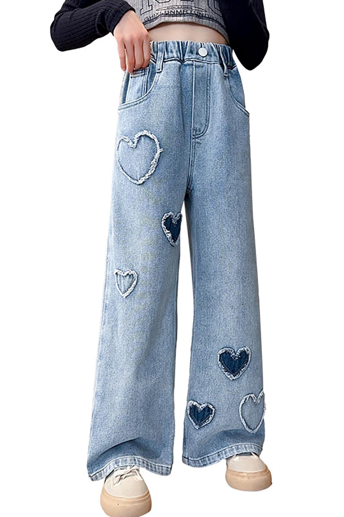 AOWKULAE Girls Baggy Jeans Wide Leg Cargo Denim Pants Kids 5-16Y