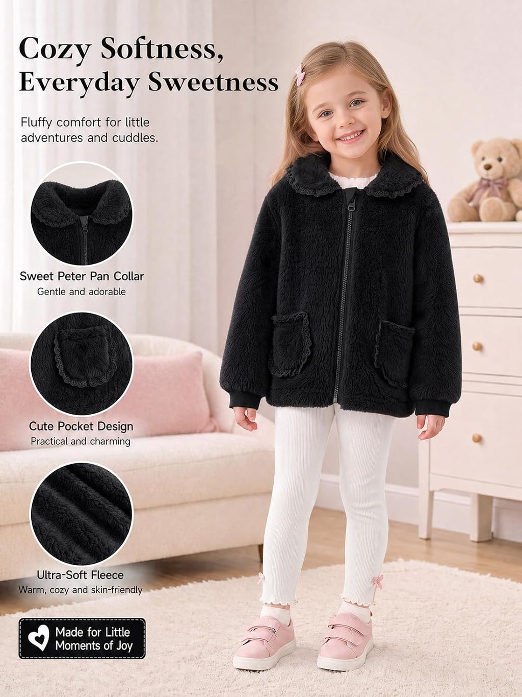 Haloumoning Toddler Baby Girl Fleece Jacket Peter Pan Collar Zip Up Coat