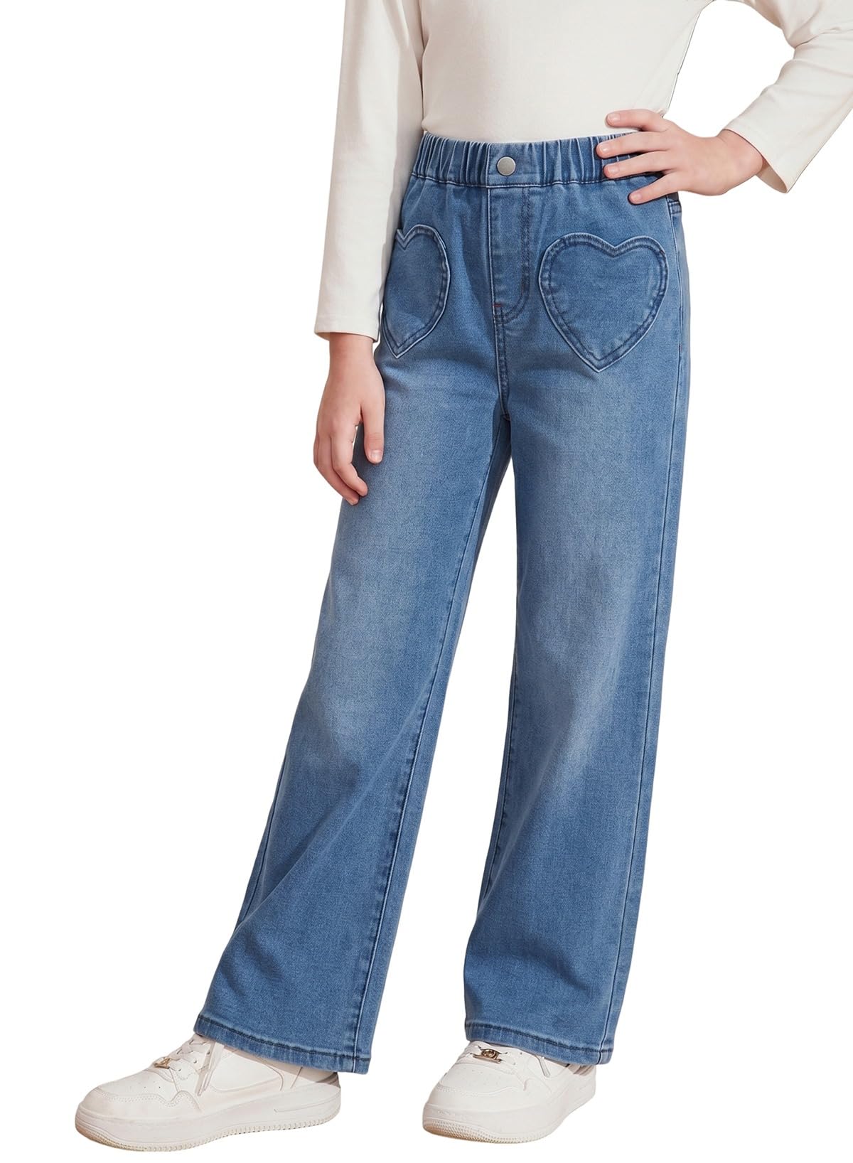 blibean Girls Straight Leg Jeans Cute Heart Pockets Denim Pants Size 6-15