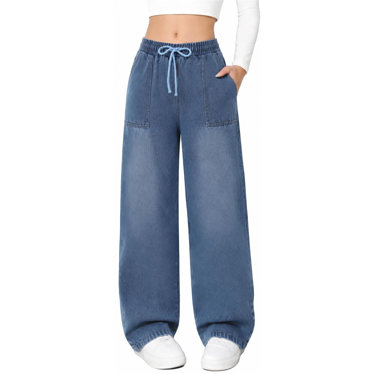 Axumity Teen Girls Baggy Straight Leg Jeans High Waist Denim Pants School Daily Wear for Kids Teen 9-16 Year Old