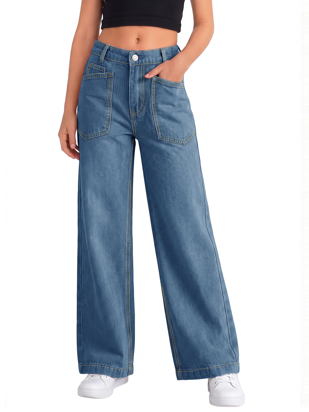 Haloumoning Girls Wide Leg Jeans Kids High Waisted Baggy Denim Pants