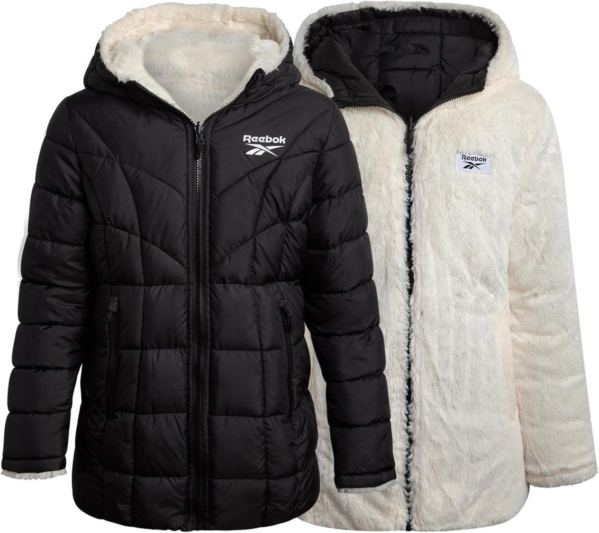 Reebok Girls Reversible Puffer Jacket, Fur Lined, Wind & Water Resistant