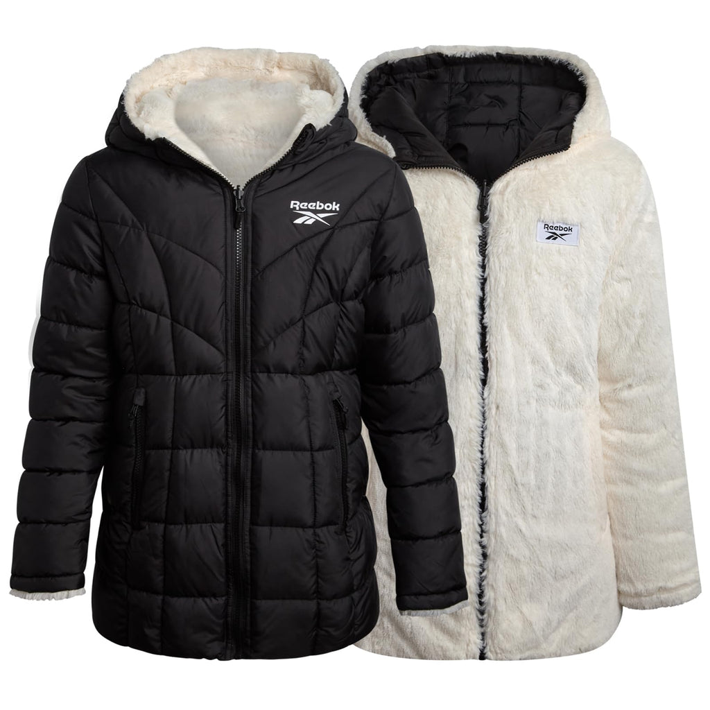 Reebok Girls Reversible Puffer Jacket, Fur Lined, Wind & Water Resistant