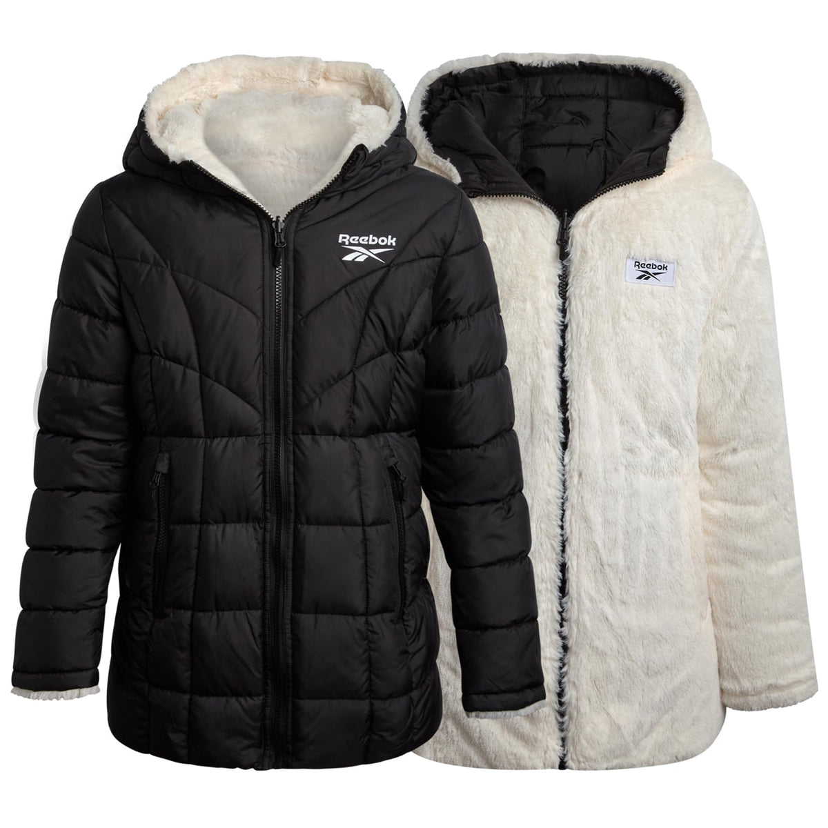 Reebok Girls Reversible Puffer Jacket, Fur Lined, Wind & Water Resistant