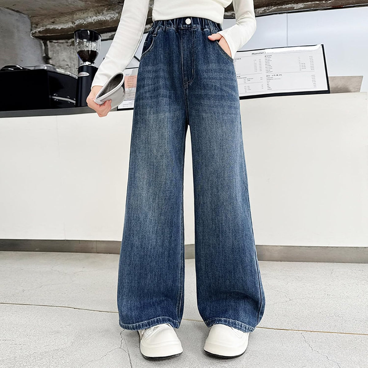 Girls Blue Elastic Waist Jeans Cute Bow Wide Leg Denim Pants