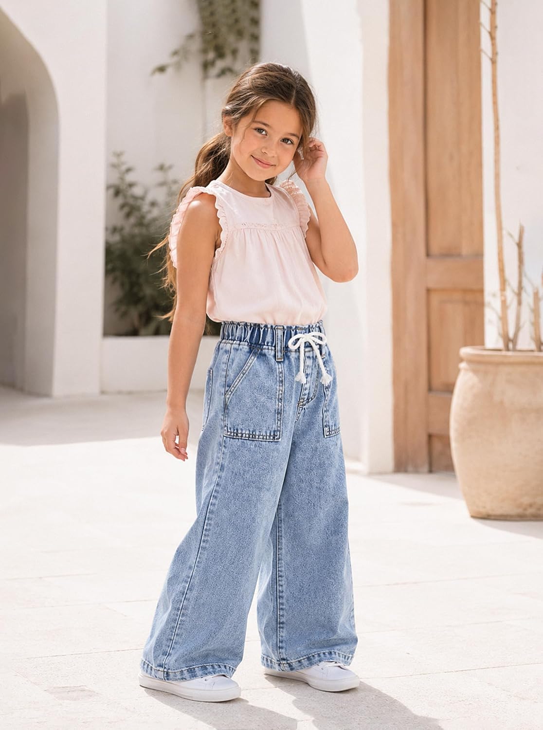 Girls Wide Leg Jeans Elastic Waisted Baggy Denim Pants