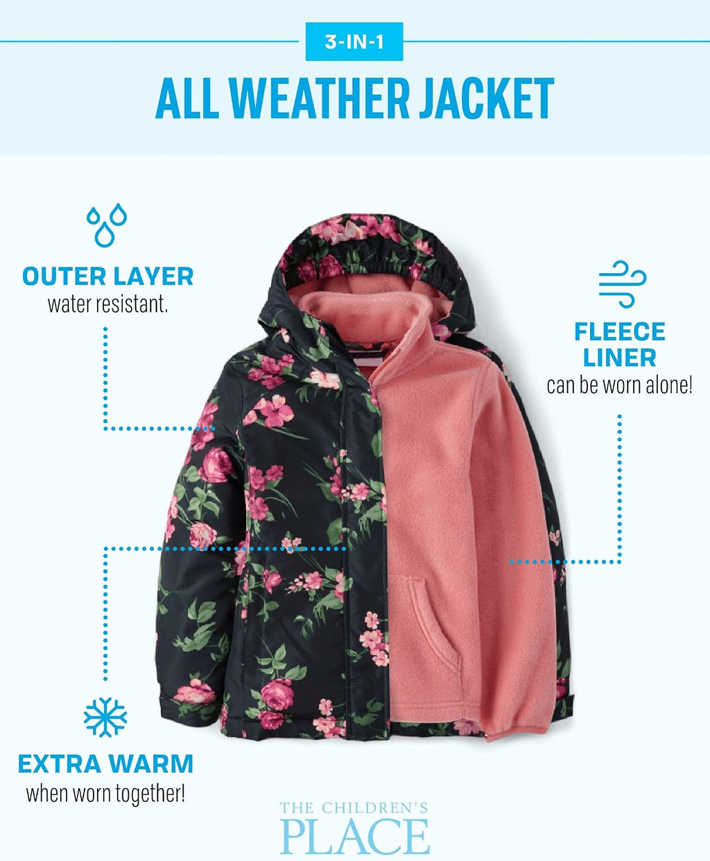 The Children's Place Girls Heavy 3 in 1 Winter Jacket, Wind-resistant Water-resistant Shell, Fleece Inner