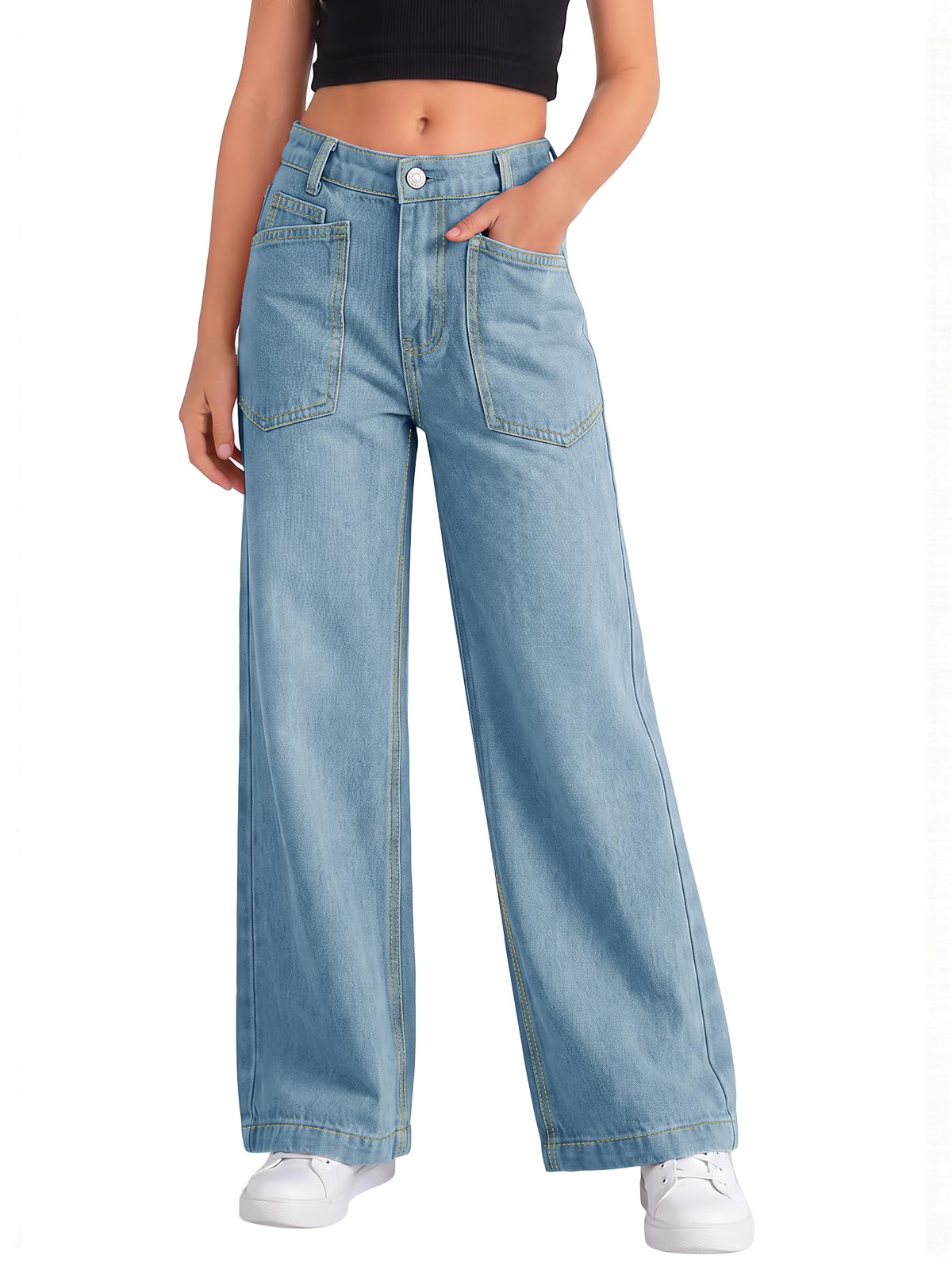 Haloumoning Girls Wide Leg Jeans Kids High Waisted Baggy Denim Pants